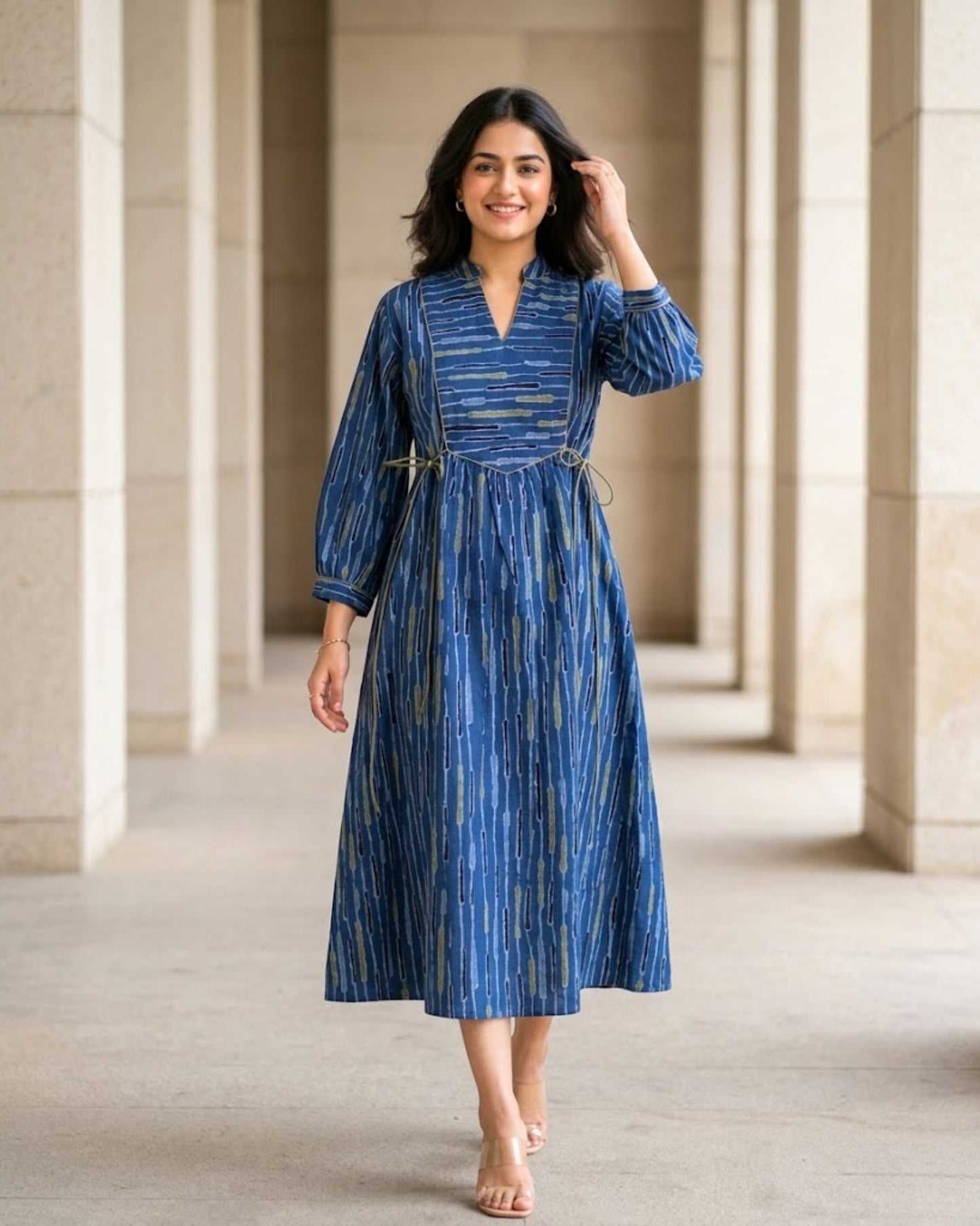 Skye Blue Tie-up Fit and Flare A-line Midi Dress