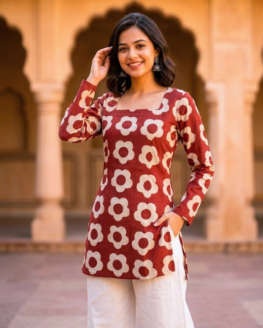 Zohra Red HandBlock Print Corset Back Short kurti