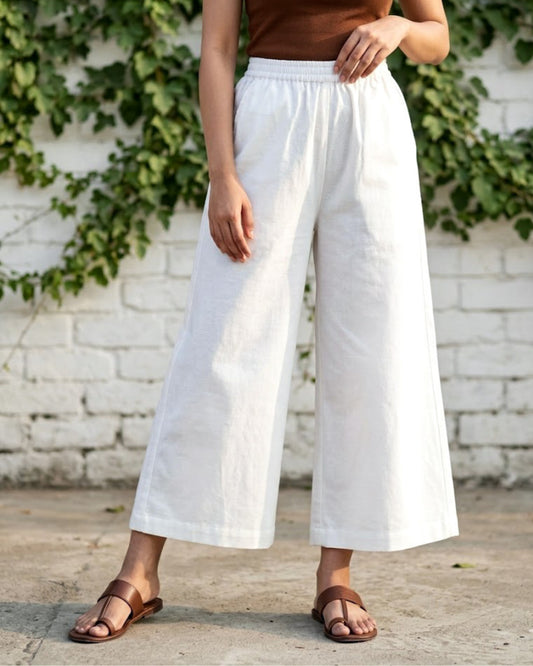 White Cotton Flared Cropped Pants