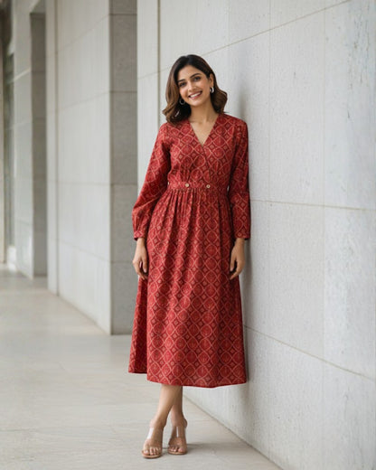 Hailey Red Fit and Flare Cotton Wrap Dress
