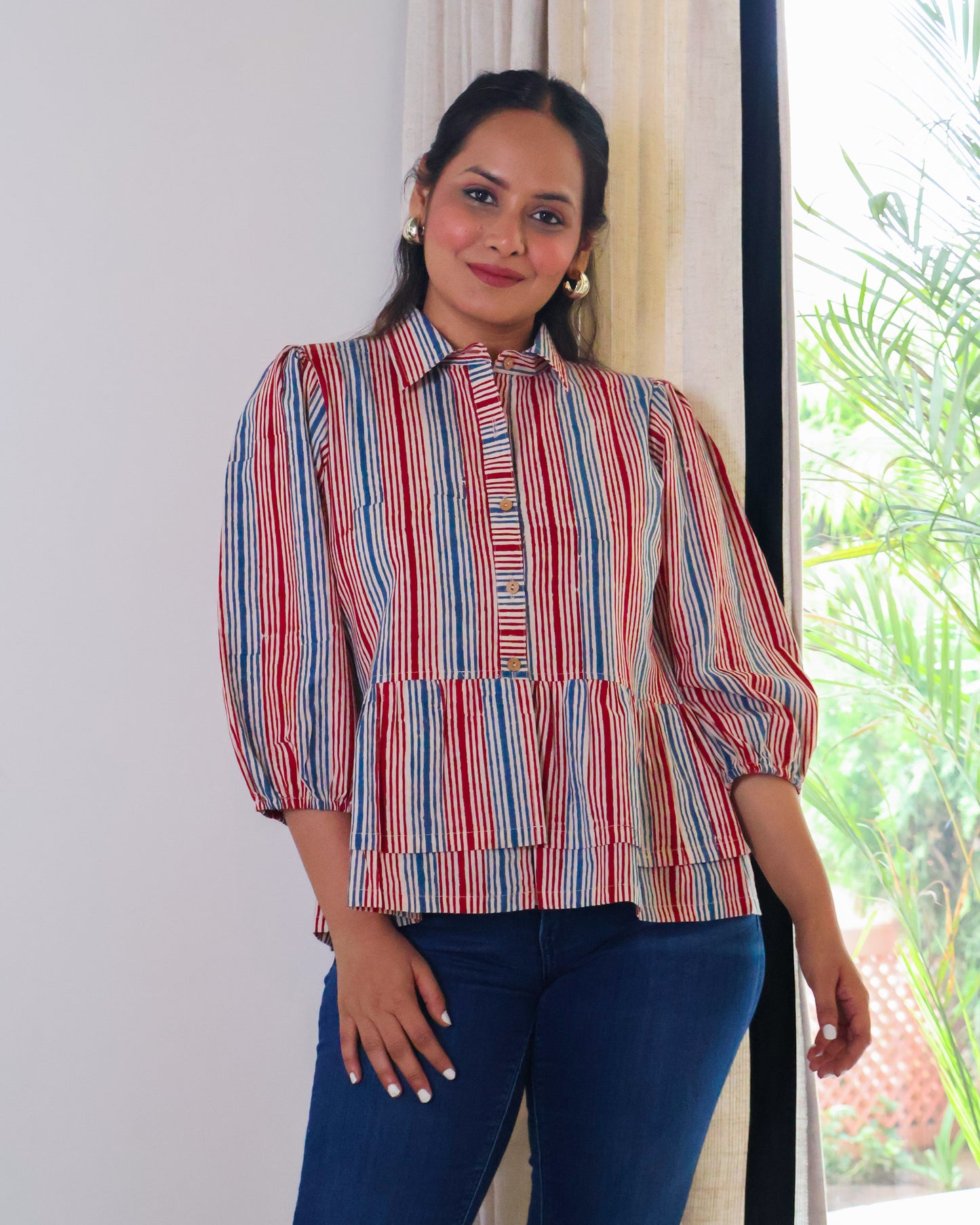 Faith Striped HandBlock Print Collared Peplum Cotton Top