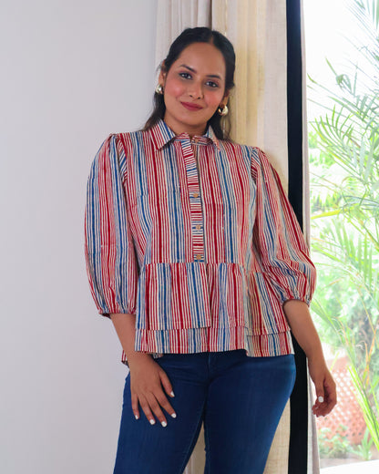 Faith Striped HandBlock Print Collared Peplum Cotton Top