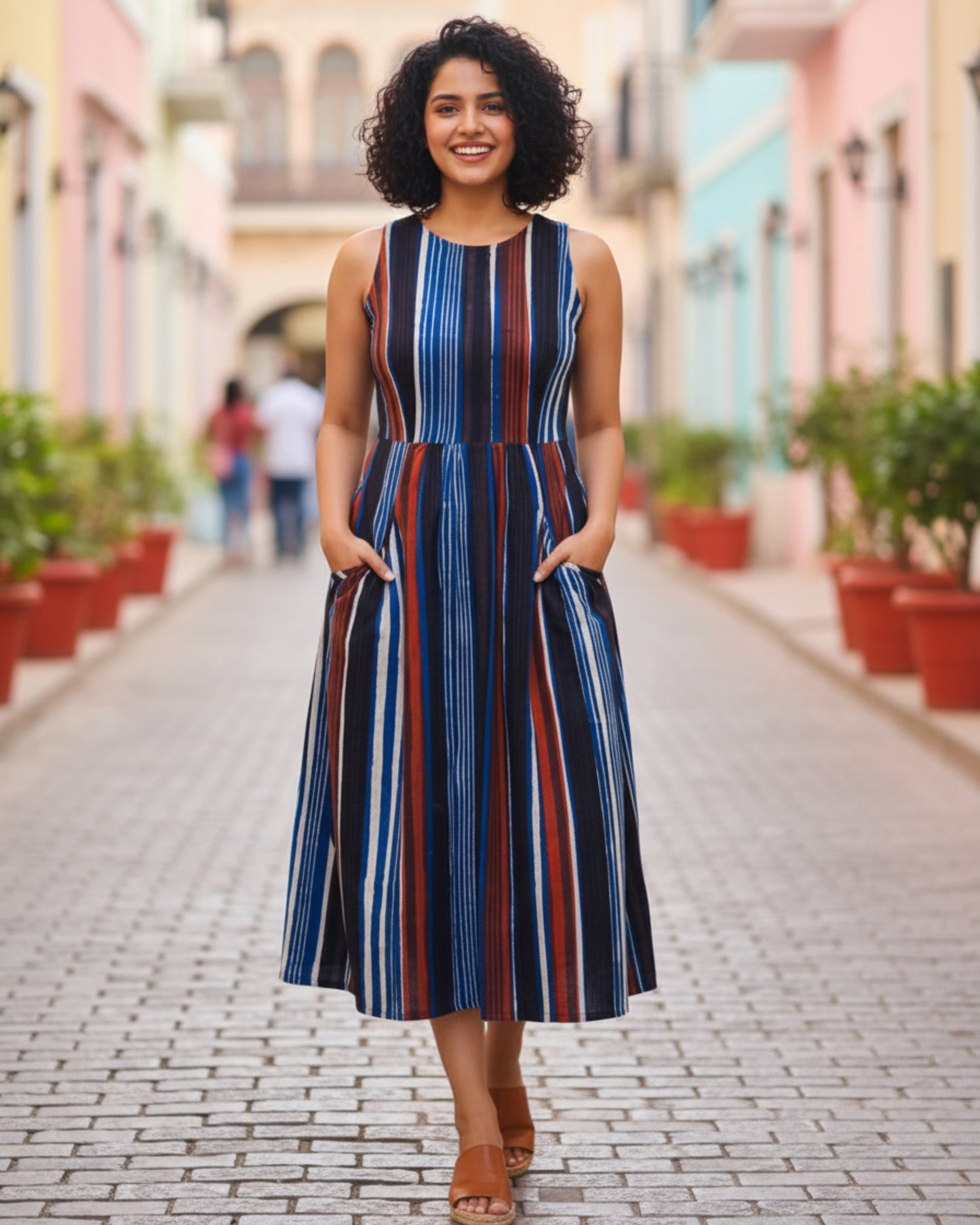 Megan Striped Jahota HandBlock Print Midi Dress