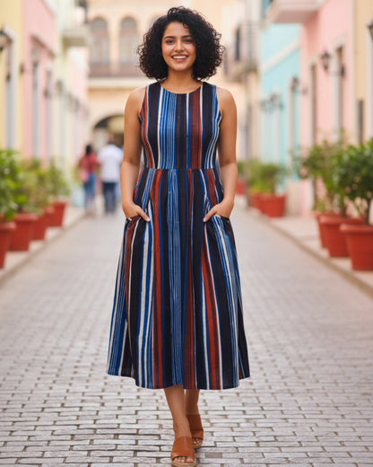 Megan Striped Jahota HandBlock Print Midi Dress