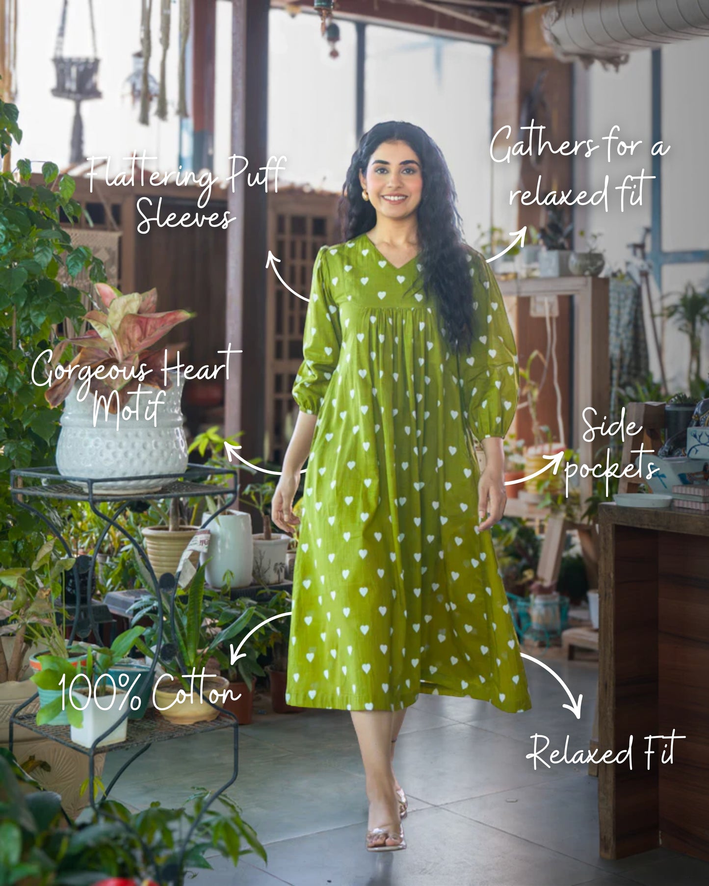 May Green Gathered Cotton Midi Dress