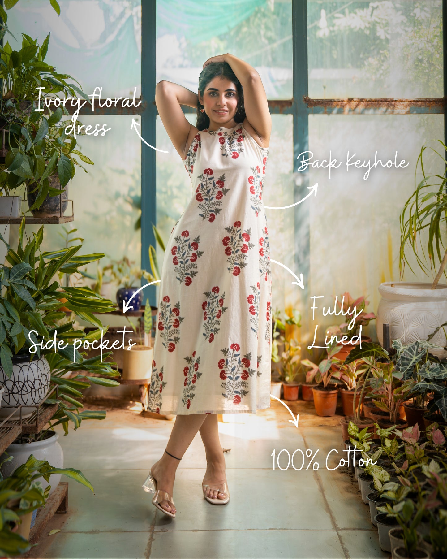 Aashi Ivory Cotton Midi Dress