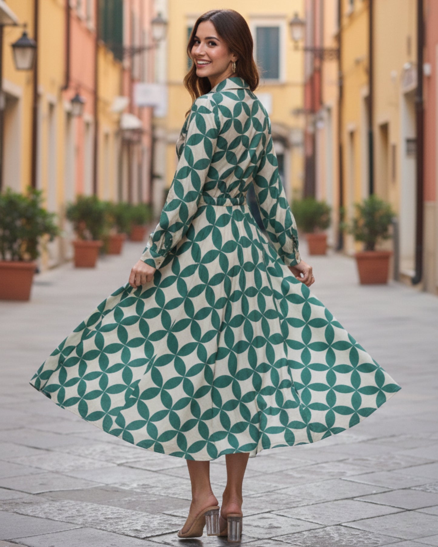 Blair Green Button-down Circular Midi Dress