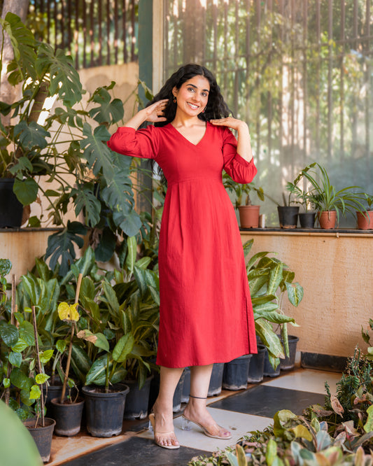 Emma Red Cotton Midi Dress