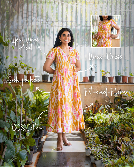 Bay Yellow Ikat Print Cotton Wrap Dress