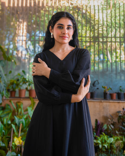 Audrey Panelled Black Cotton Dress