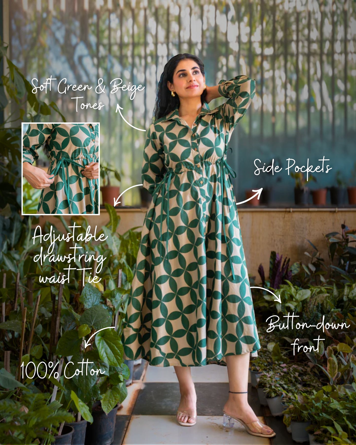 Blair Green Button-down Circular Midi Dress