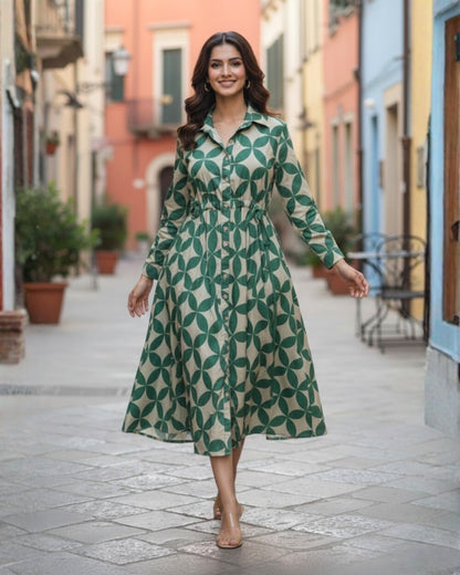 Blair Green Button-down Circular Midi Dress