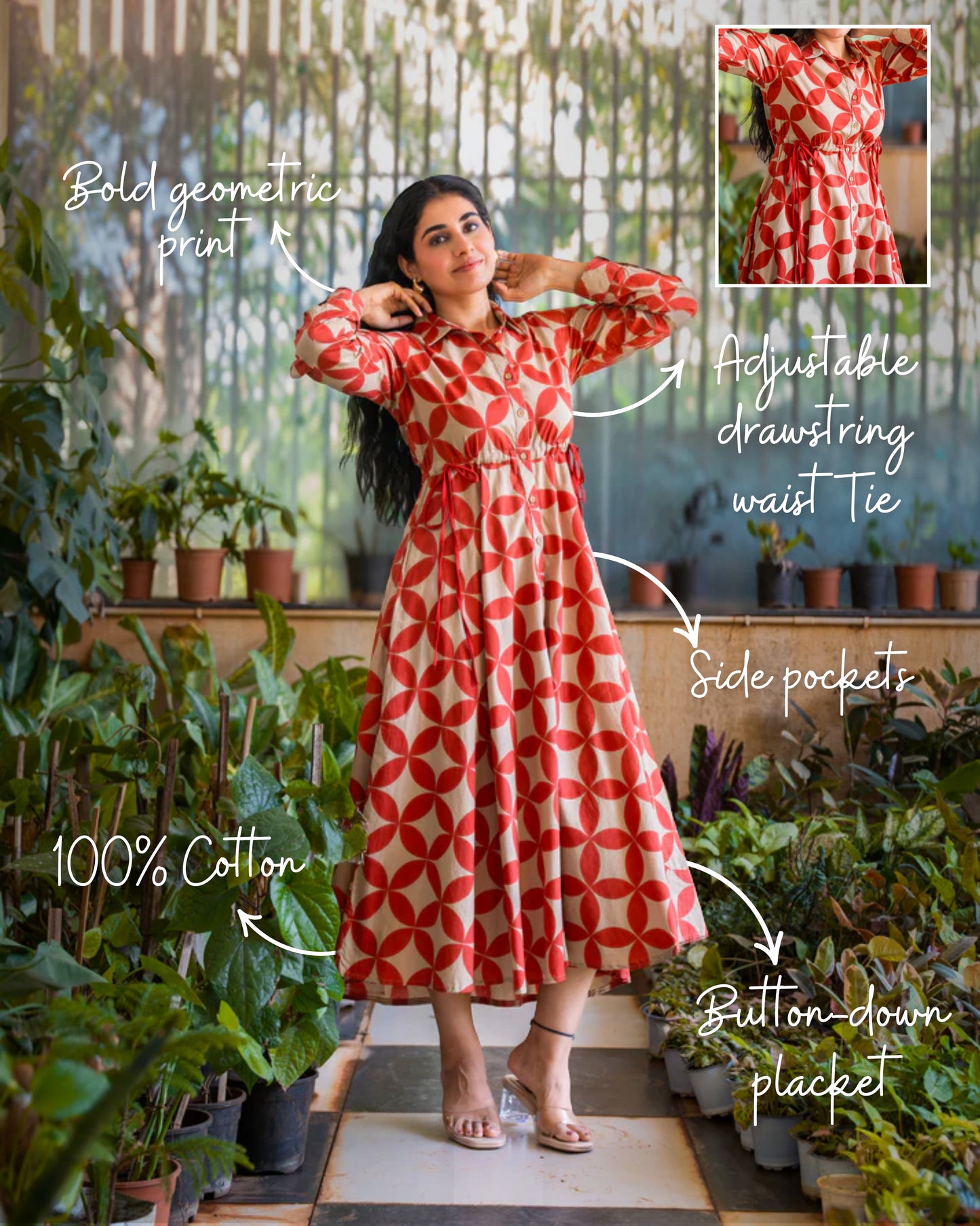 Blair Red Button-down Circular Midi Dress