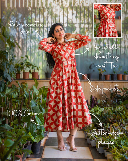 Blair Red Button-down Circular Midi Dress