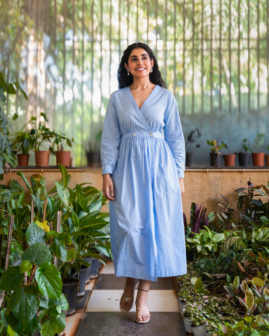 Eloise Blue Fit and Flare Slub Cotton Wrap Dress