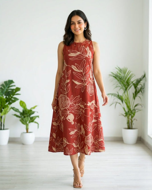 Mala Red Cotton Midi Dress