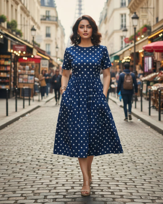 Stella Indigo Handblock Print Cotton Midi Dress