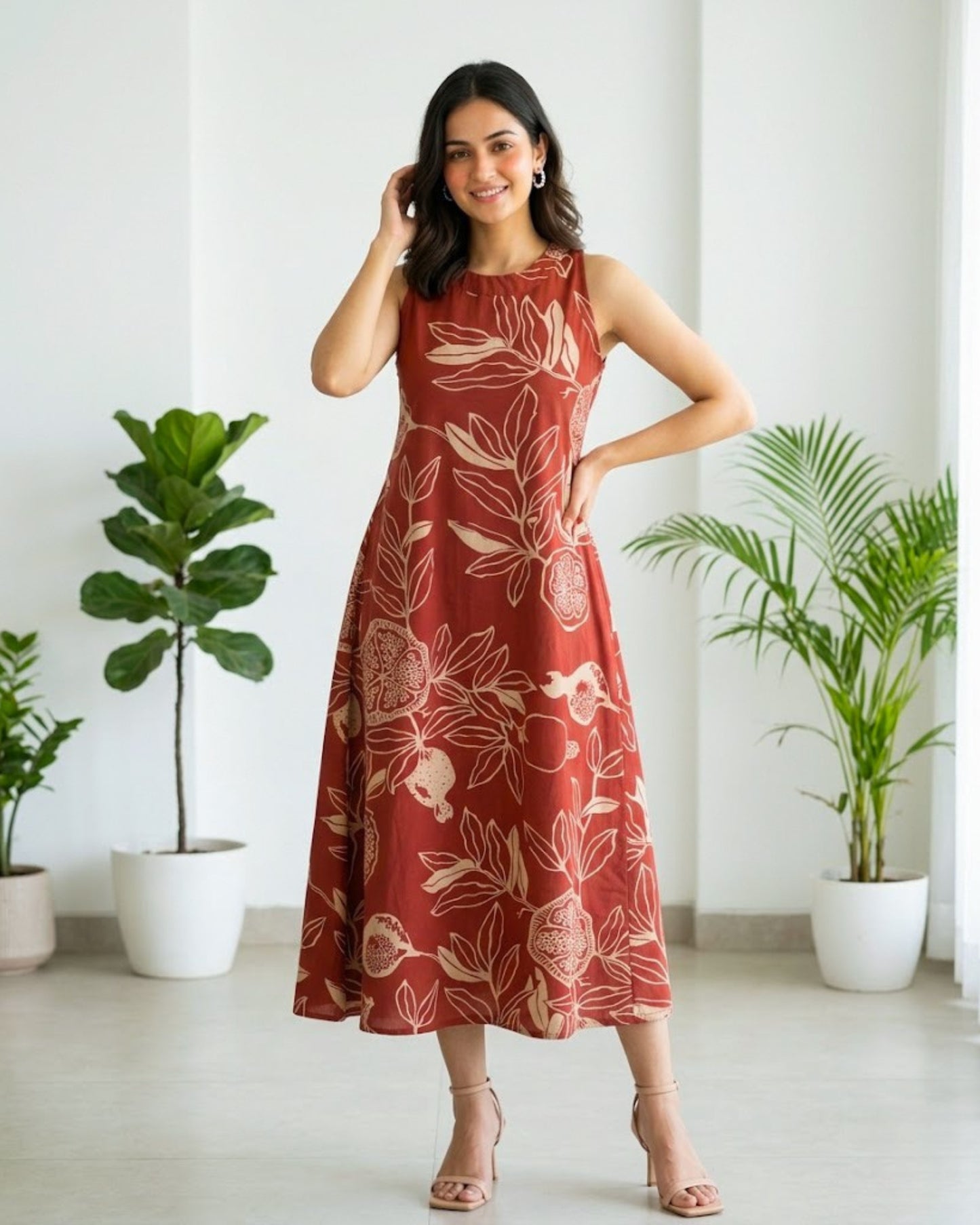 Mala Red Cotton Midi Dress