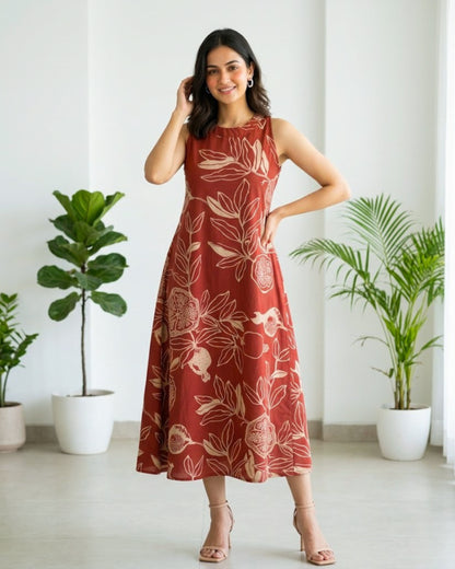 Mala Red Cotton Midi Dress