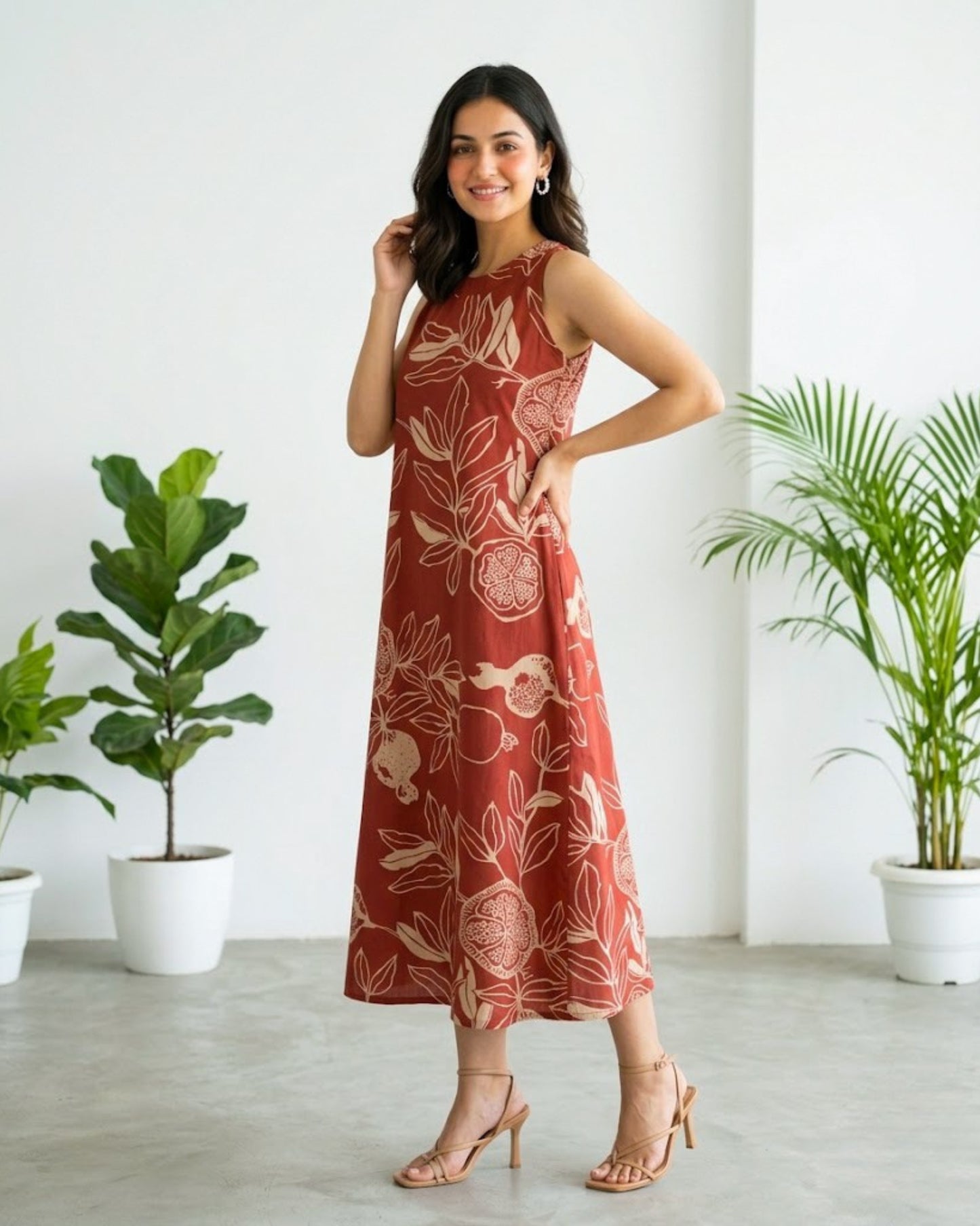 Mala Red Cotton Midi Dress