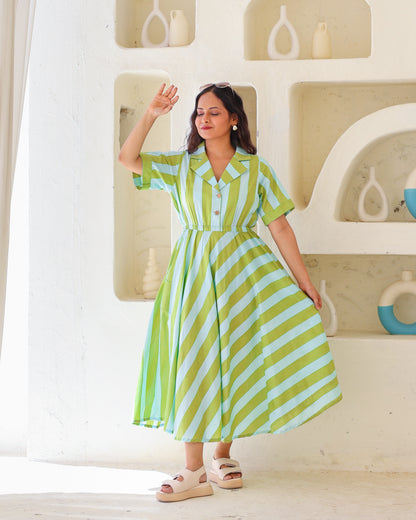 Taylor Green Blue Stripes Print Circular Cotton Midi Dress