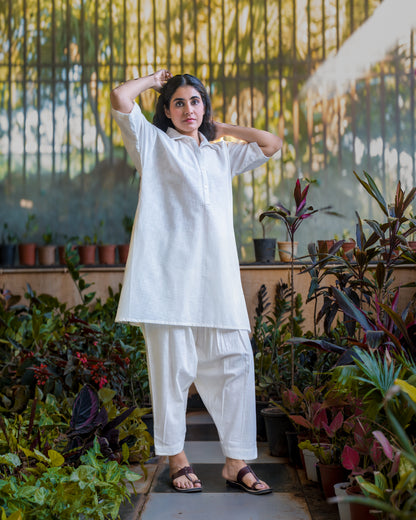 Rozana White Cotton Kurta Set with Afgani Pants