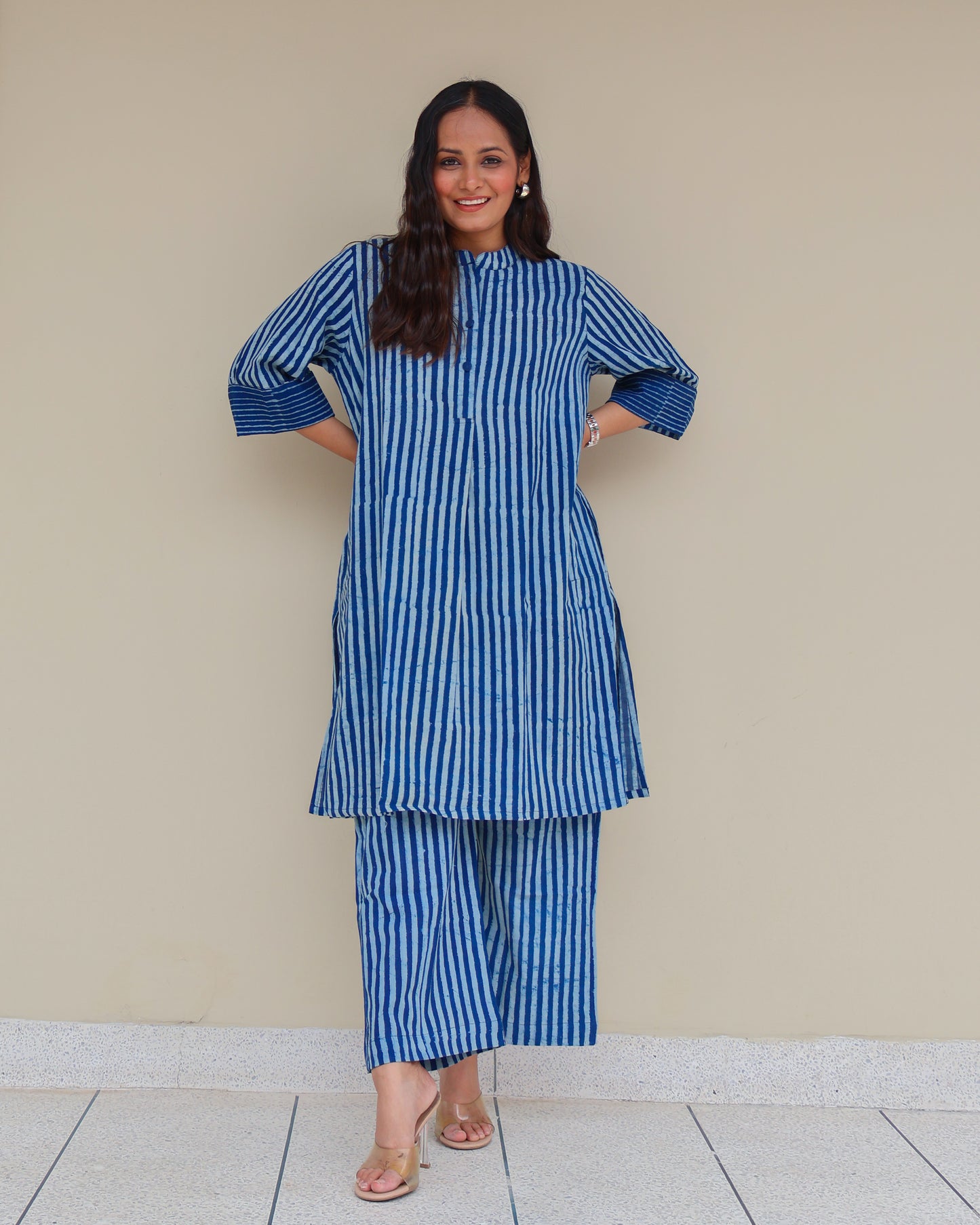 June Indigo Dabu HandBlock Stripes Print Cotton Kurta Set