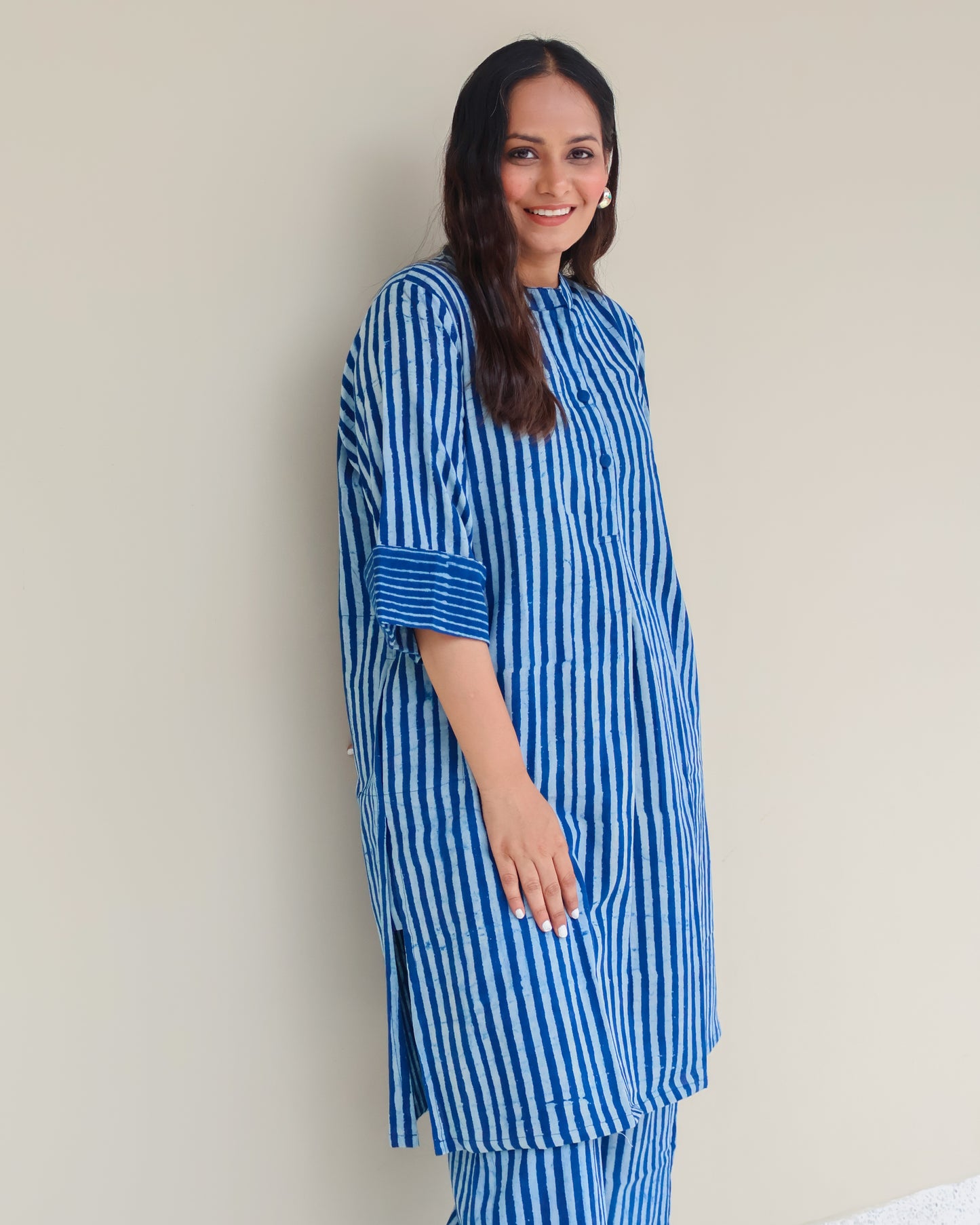 June Indigo Dabu HandBlock Stripes Print Cotton Kurta Set