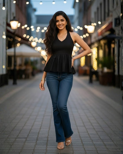 Nina Black Peplum Cotton Top