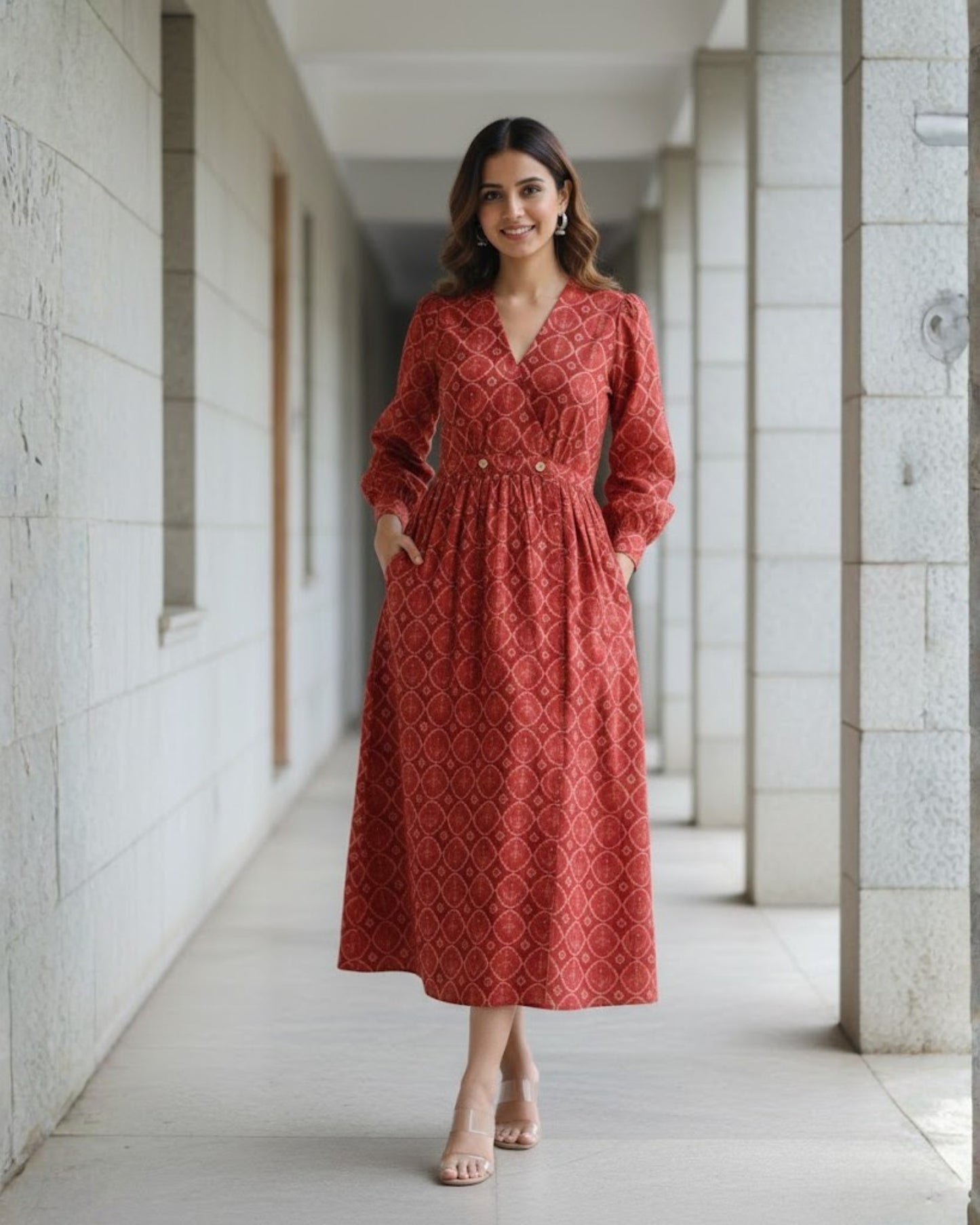 Hailey Red Fit and Flare Cotton Wrap Dress