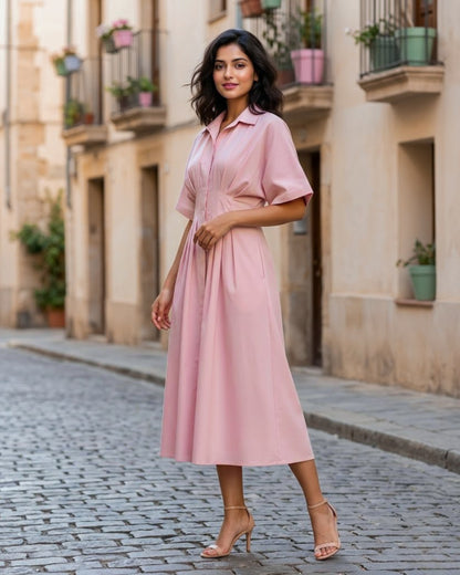 Zara Pink Pleated Pure Cotton Midi Dress