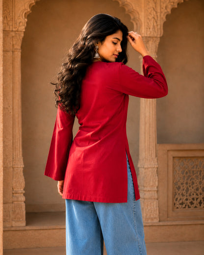 Emma Red Cotton Sleeved Short Kurti