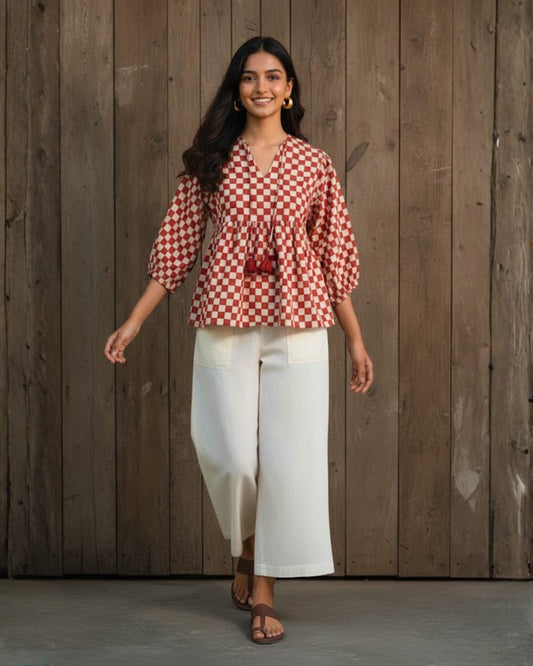 Lumi Checkered Handblock printed Cotton Top