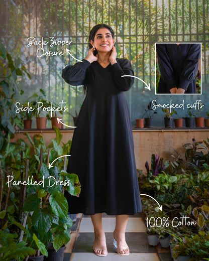 Audrey Panelled Black Cotton Dress