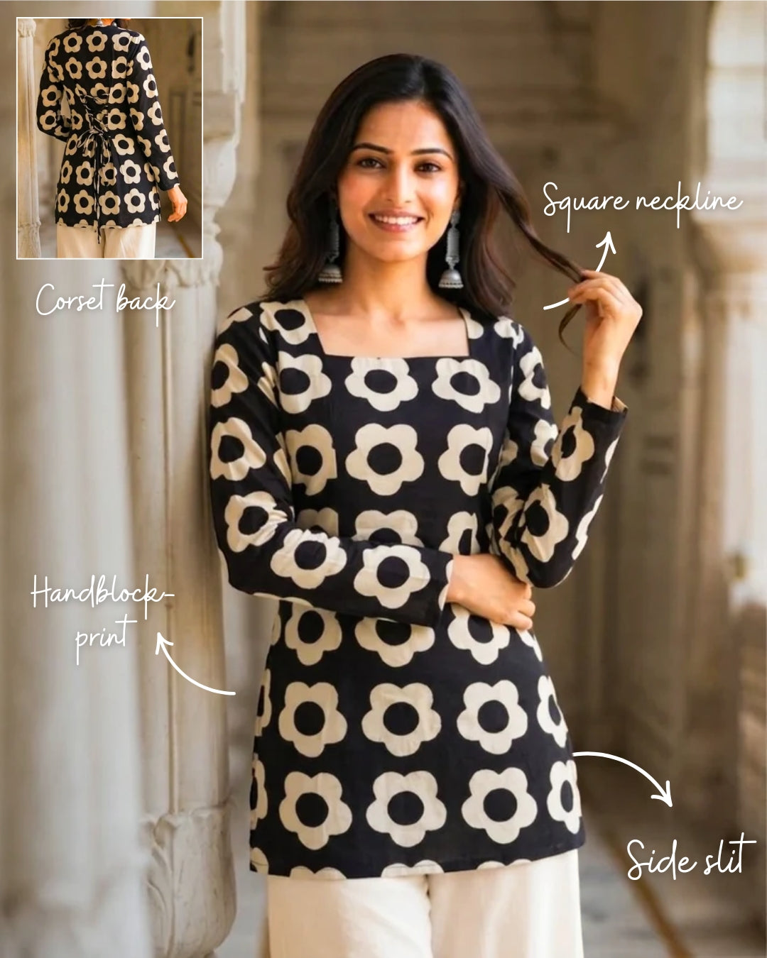 Aadya Black HandBlock Print Corset Back Short kurti