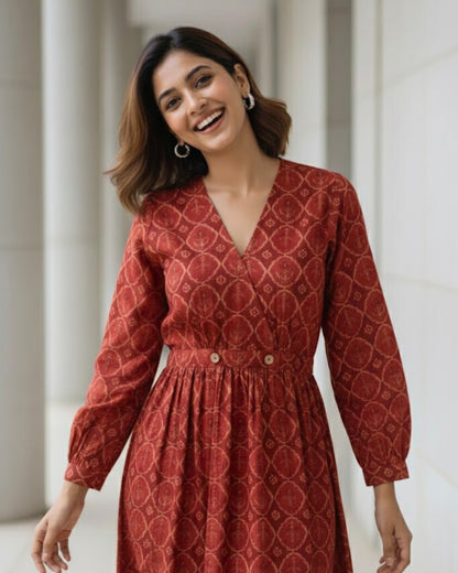 Hailey Red Fit and Flare Cotton Wrap Dress