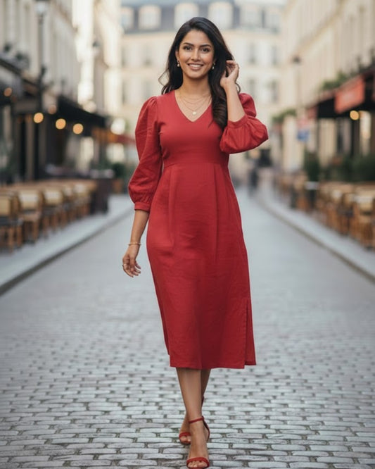 Emma Red Cotton Midi Dress
