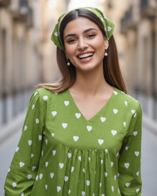 May Green Gathered Cotton Midi Dress