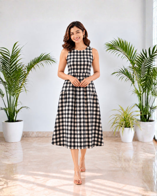 Arya Checkered Black Cotton Midi Dress