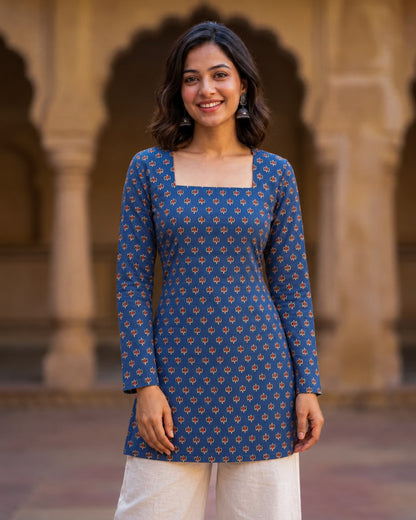 Carol Blue Cotton Short Kurti