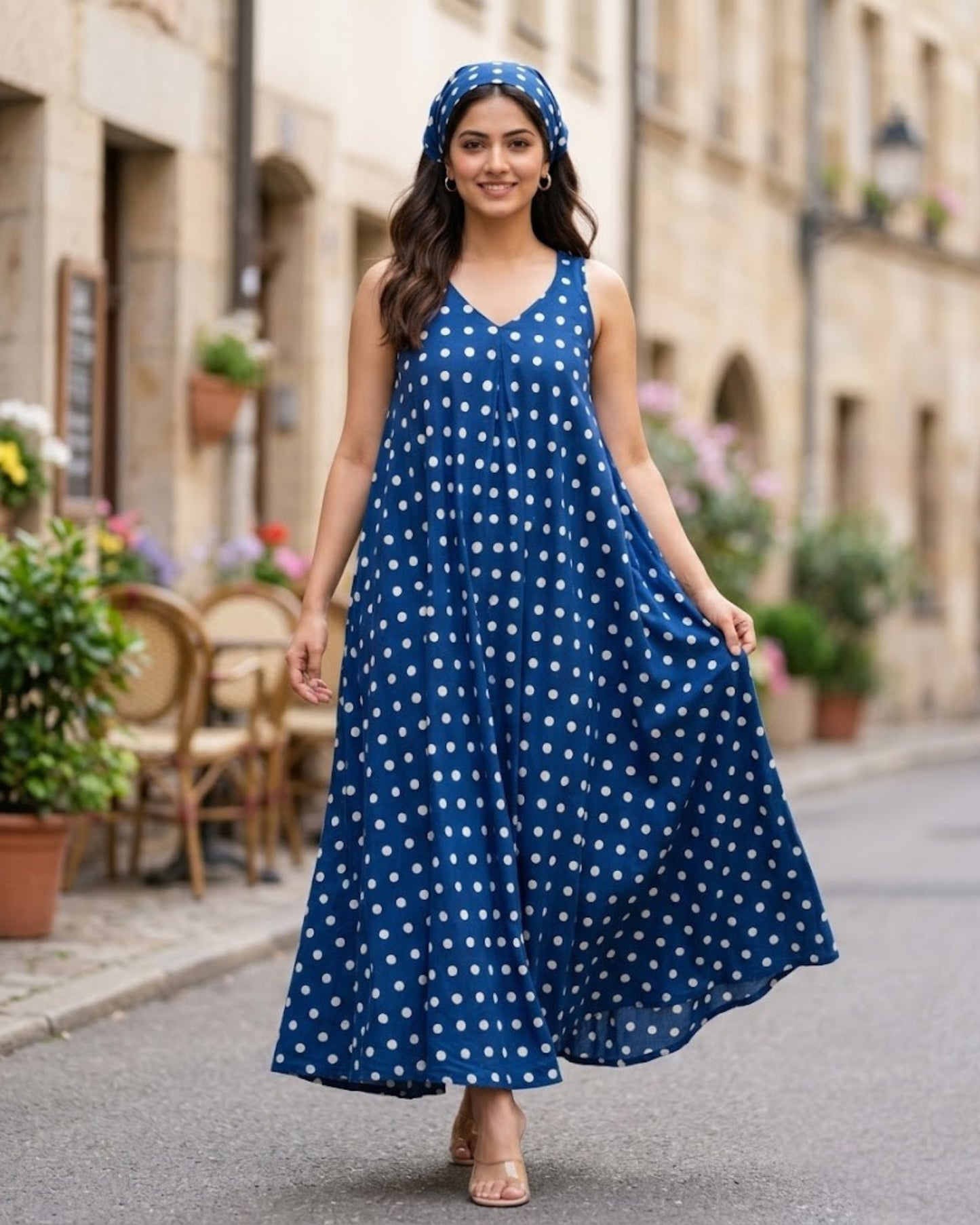 Stella Indigo Polka HandBlock Dabu Print Cotton Maxi Dress
