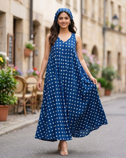 Stella Indigo Polka HandBlock Dabu Print Cotton Maxi Dress