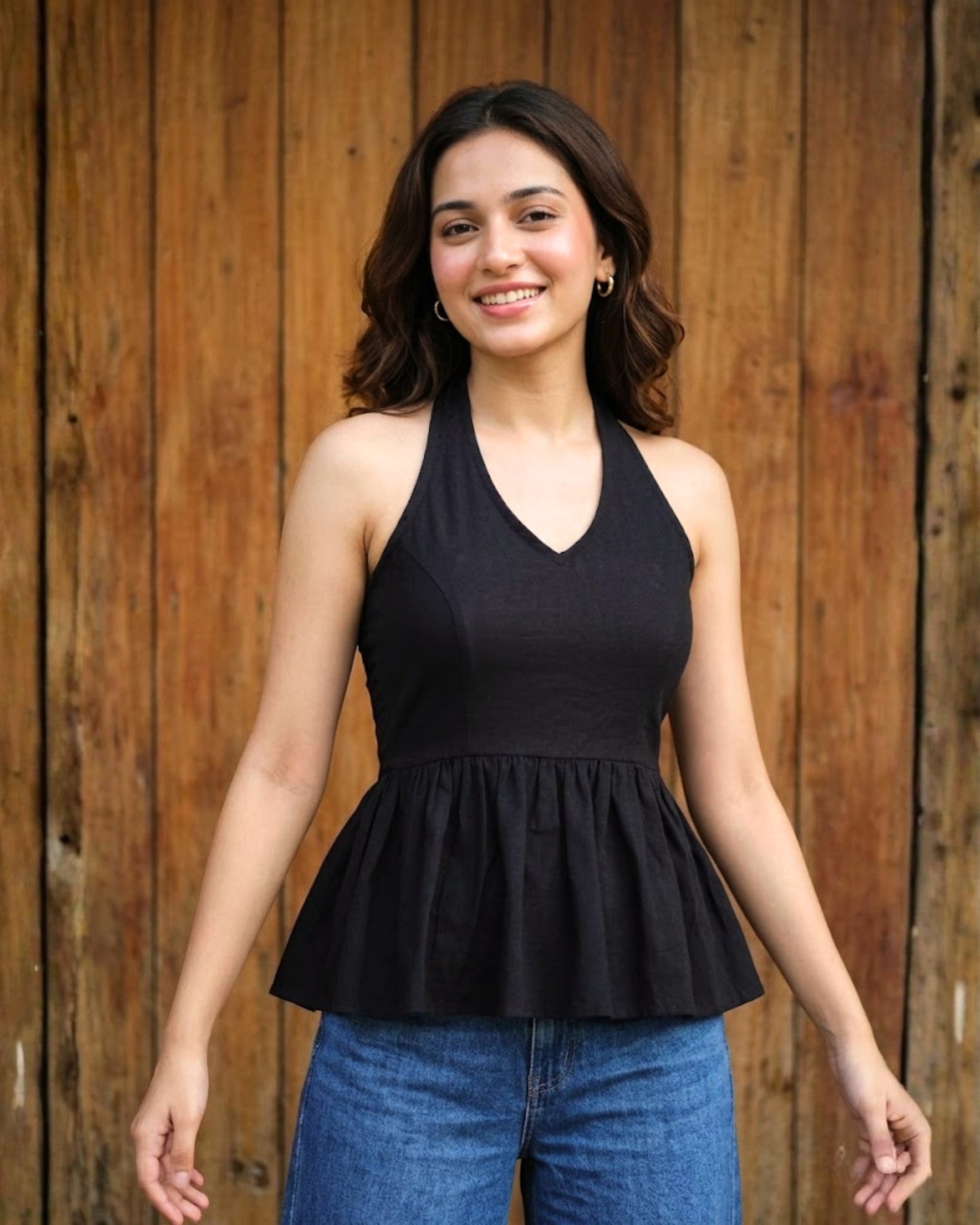 Nina Black Peplum Cotton Top
