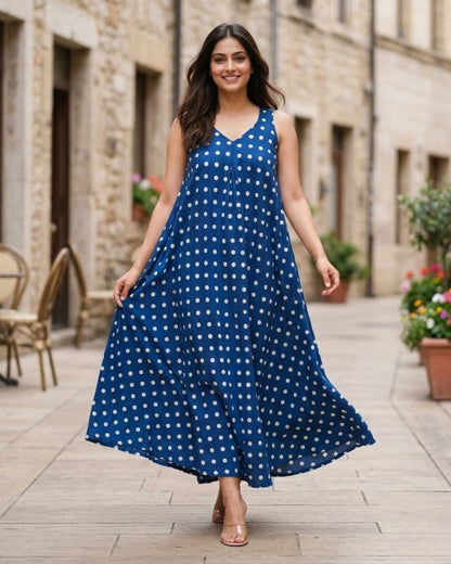 Stella Indigo Polka HandBlock Dabu Print Cotton Maxi Dress