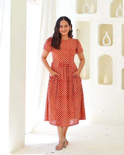 Sarah Red Polka Bagru HandBlock Print Midi Dress