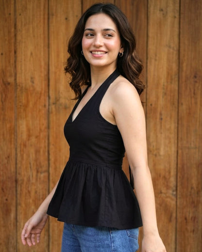 Nina Black Peplum Cotton Top