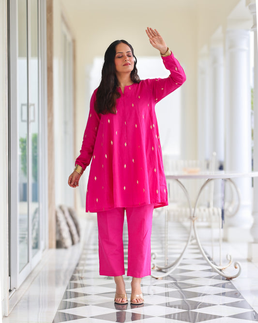 Rani Pink Cotton Lurex Short Kurta Set