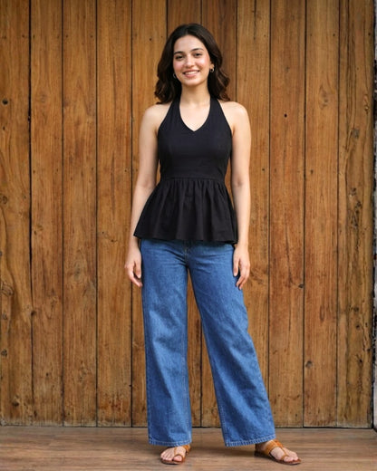 Nina Black Peplum Cotton Top