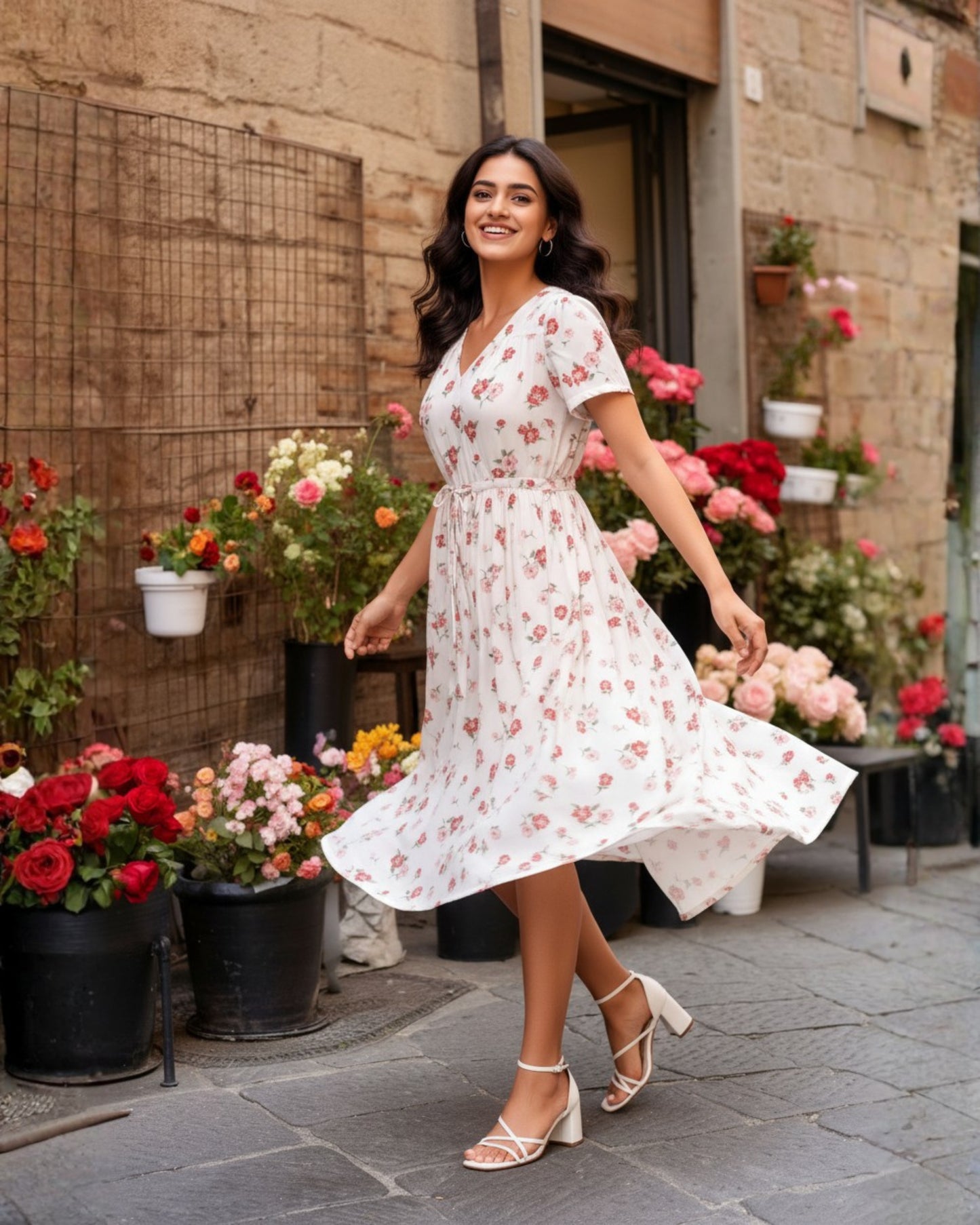Rose White Fit and Flare Midi Dress