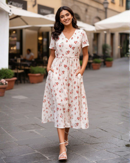 Rose White Fit and Flare Midi Dress